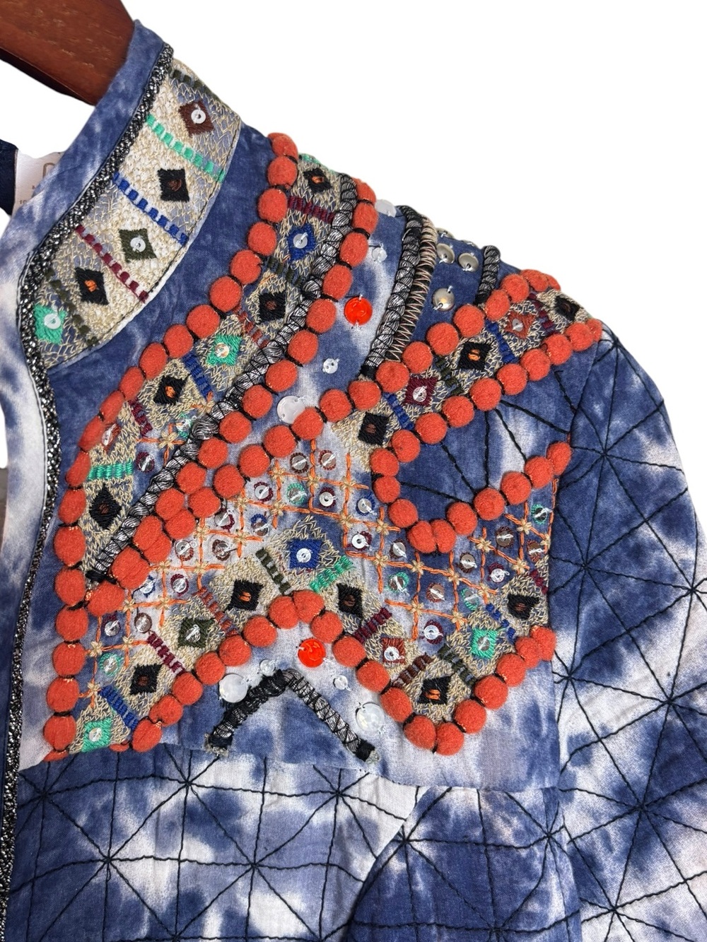 NEW Chico's Artisan Embellished Blue Tie Dye Quilted Jacket Small 4 Artsy Boho - Picture 4 of 16